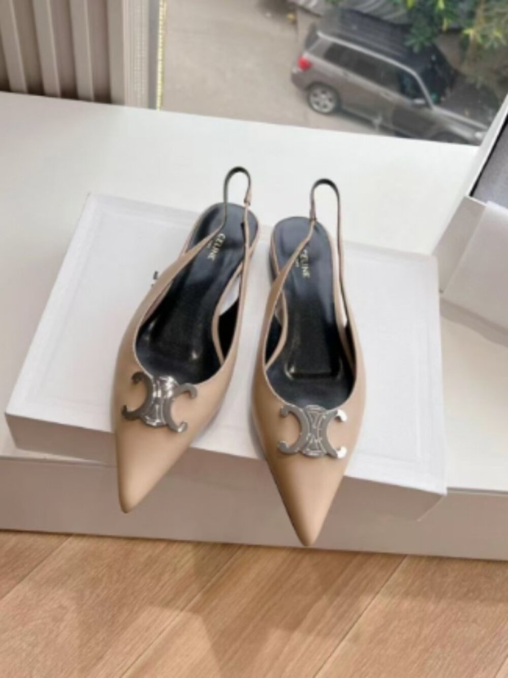 Celine Beige Leather Triomphe Pointed Toe Slingback Flats, Size EU 38 (US 7.5)